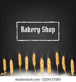 Realistic 3D vector illustration of golden wheat spikes and rye, perfect for traditional festivals and bread making designs. Spilled flour all over the surface. Bakery shop banner