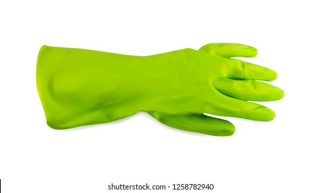 Realistic 3d Vector Illustration Of Green Protective Rubber Glove Isolated On White Background