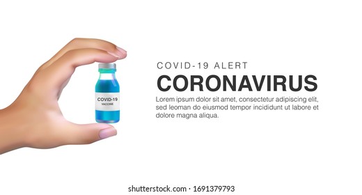Realistische 3D-Vektorillustration-Illustration von Hand, die Impfstoffe für Corona-Viren-Zellen-Vorlagenhintergrund hält. Novel Coronavirus (2019-nCoV)