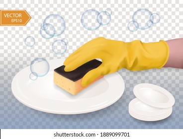 Realistic 3d vector illustration of hand in gloves washing dishes with a sponge. Woman housewife washing the dishes. Cleaning house in gloves.