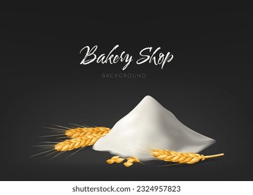 Ilustración vectorial 3D realista de una colina de harina con picos de trigo dorado y centeno, perfecta para hacer pan y diseños de panadería. Ideal para los temas naturales y de cocina, así como para la alimentación y la nutrición