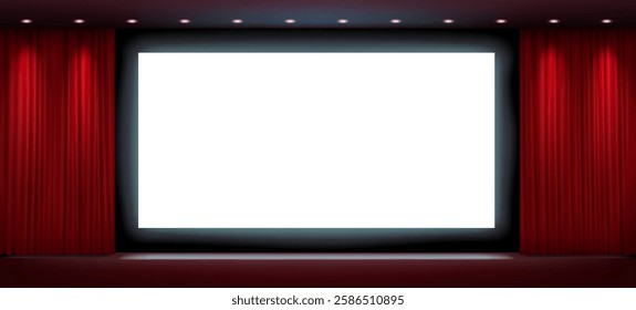 A realistic 3D vector illustration of a large cinema screen with a glowing soft border, creating an immersive atmosphere in a dimly lit auditorium.