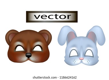 Realistic 3D vector illustration of a mask: children's clothing the hare and the bear for carnival games
