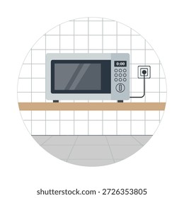 Realista ilustração vetorial 3D de um forno de micro-ondas com uma luz interior, isolado em um fundo de cozinha. Aparelho de cozinha.