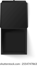 Realistic 3d vector illustration of an open black square pizza box from a top view, showcasing its empty interior and potential for customization or branding