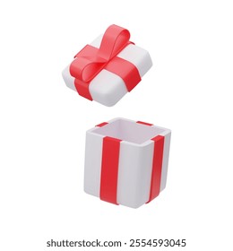 Realistic 3d vector illustration of present with red ribbon and bow. Holiday open box isolated on white background. Realistic icon for birthday or christmas.
