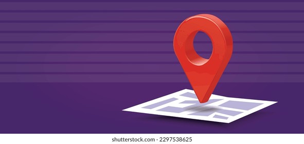 Realistic 3d vector illustration of a red geotag navigation pin standing on a map. Banner with copy space