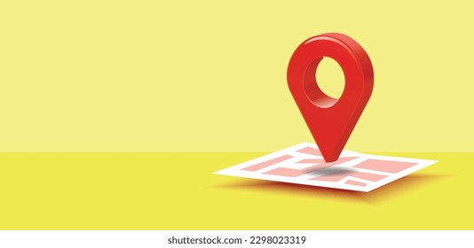 Realistische 3D-Vektorgrafik eines roten Geotag-Navigationstifts auf einer Karte. Banner mit Kopienraum