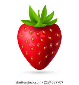 Realistic 3D vector illustration of a ripe red strawberry with a leaf isolated on a white background. Perfect for use in food and health themed designs, as well as illustrations and icons.