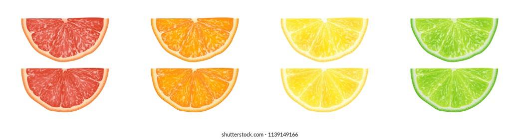 Realistic 3d Vector Illustration Set of sliced  orange, grapefruit, lemon, and lime.  Colourful citrus background. EPS 10.