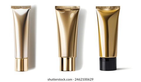 Realistic 3D vector illustration set of golden cosmetic tubes with different cap shapes. Perfect for skincare cream, toothpaste, or beauty cleanser packaging design. 