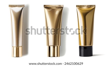 Realistic 3D vector illustration set of golden cosmetic tubes with different cap shapes. Perfect for skincare cream, toothpaste, or beauty cleanser packaging design. 