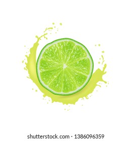 Realistic 3d Vector Illustration. Sliced  lime. Milk juice splash. Colourful citrus background. EPS 10. 