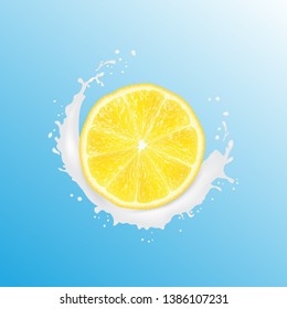 Realistic 3d Vector Illustration. Sliced lemon. Milk juice splash. Colourful citrus background. EPS 10. 