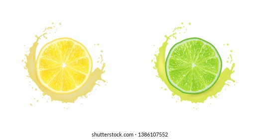 Realistic 3d Vector Illustration. Sliced   lemon, and lime. Milk juice splash. Colourful citrus background. EPS 10. 