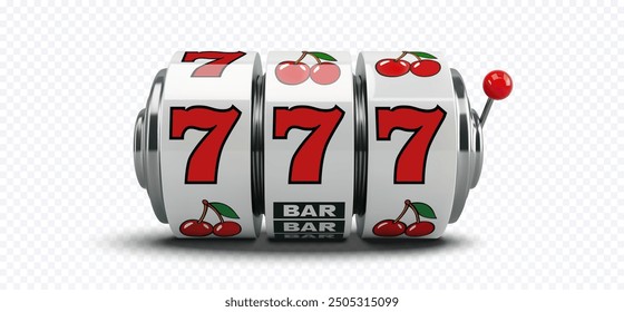 Realistic 3D vector illustration of a slot machine showing a winning combination of three sevens, symbolizing luck, gambling, and casino entertainment. Isolated on a transparent background