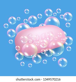 Realistic 3d vector illustration soap with text isolated on white background