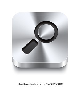 Realistic 3d vector illustration of a square metal button with a magnifier icon. This brushed steel button is the perfect switch for navigation in any user interface.