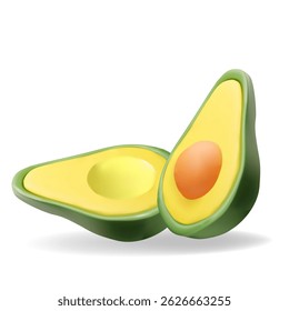 Realista ilustração vetorial 3D de duas metades de abacate com e sem fosso com textura volumétrica criada usando malha de malha. Ideal para design de embalagens, menus, aplicativos, publicidade de alimentos saudáveis e ve