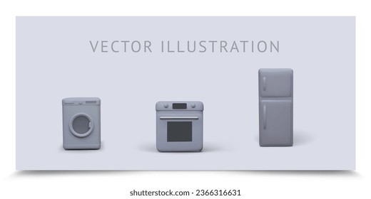 realistische 3D-Vektorgrafik einer Waschmaschine zum Wäschetrocknen, eines Kühlschrankes für die Lebensmittelspeicherung, eines Kochofens, Küchengeräte auf hellem Hintergrund mit echtem Schatten