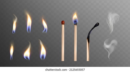 Realistic 3d vector illustration of whole and burnt wooden matchsticks. Flame light and smoke collection on transparent background. Stages of match or wood stick burning or ignition from fire.