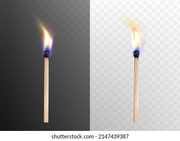 Realistic 3d vector illustration of whole burning matchsticks on dark and white transparent background. Ablaze wood match, fire on wooden stick. Flame light, ignition or flaming effect.