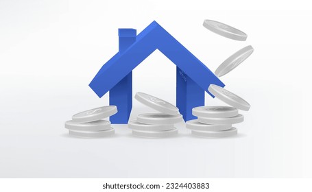 Realistic 3D vector image of a blue little house model with a piles of silver metal coins. Money falling. Growth of the financial wealth. Perfect for real estate, property, and investment