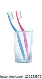 A realistic 3D vector image featuring a pair of toothbrushes in a glass cup. Set against a blank background, this dental hygiene concept promotes clean and healthy teeth. Ideal for dental care