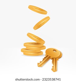 Realistic 3D vector image of a pile of golden coins with metal house keys in front. Perfect for real estate, property, investment projects. Concepts of wealth, money management, passive income