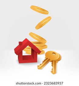 Realistic 3D vector image of a pile of golden coins with a red house and metal key. Perfect for real estate, property, and investment projects. Includes concepts of wealth, prosperity, and success