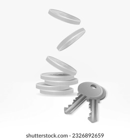 Imagen vectorial 3D realista de un montón de monedas de plata con una llave de la casa delante. Perfecto para proyectos inmobiliarios, inmobiliarios y de inversión. Incluye conceptos de riqueza, estabilidad y éxito financiero