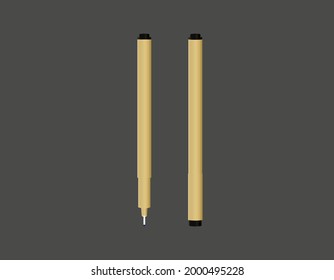 Realistic 3d vector japanese plastic pens. Yellow pen for app icon or applying corporate identity and stationery. Design template, pen mockup. Ink pen with black cap.