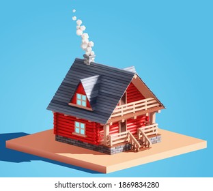 Realistic 3D vector log house, log cabin or country house. Two-story wooden cottage with a porch, terrace and balcony