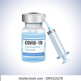 Realistic 3D vector medical set. Coronavirus COVID19 injection vaccine poster concept. Abstract isolated graphic design template. Medicine glass bottle blue, syringe. Stop corona virus vaccination jar