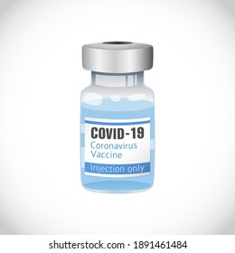 Realistic 3D vector medicine glass bottle. Coronavirus COVID19 injection vaccine poster concept. Abstract isolated graphic design template. Pandemic info banner. Stop corona virus vaccination blue jar