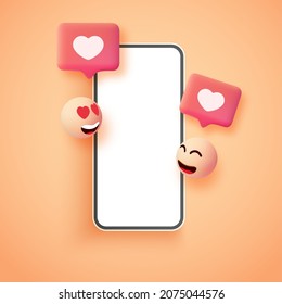 Realistic 3d Vector Mobile Phone With Smiling Faces And Heart Icon. Social Media Concept. Interaction Between People Through Social Networks