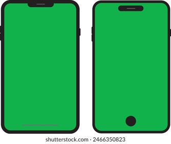 Maqueta realista del teléfono móvil del Vector 3D con la pantalla verde de la llave del croma de la pantalla aislada en la parte posterior blanca. Smartphones de vista frontal fotorrealista con pantalla vacía. Ilustración vectorial