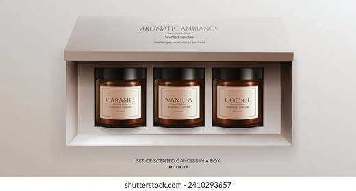 Una mofa vectorial 3D realista de velas de vainilla perfumadas en frascos de vidrio marrón en una caja de embalaje abierto, vista frontal. El diseño ofrece una plantilla ideal para la publicidad de productos de aromaterapia. No IA.