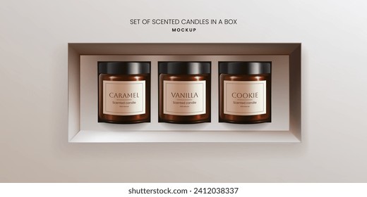 A realistic 3D vector mockup of scented vanilla candles in brown glass jars in a packaging box. The design offers an ideal template for advertising aromatherapy products. Not AI.