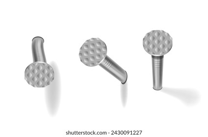 Realistic 3d Vector Nails Hammered Into A Wall, Featuring Steel Or Silver Pin Heads. Straight And Bent Hardware Spikes