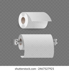 Toallas Realistas De Papel De Vector 3D, Una En Un Dispensador Y Un Rollo Liso, Aislado Sobre Fondo Transparente
