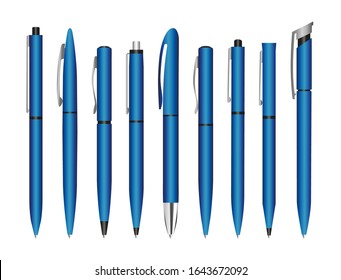 Realistic 3d vector pens. Blue pen for applying corporate identity and stationery branding. Design template, stationery pen mockup.