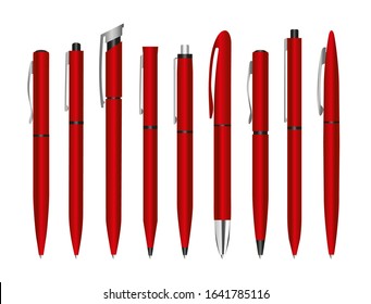 Realistic 3d vector pens. Red pen for applying corporate identity and stationery branding. Design template, stationery pen mockup.