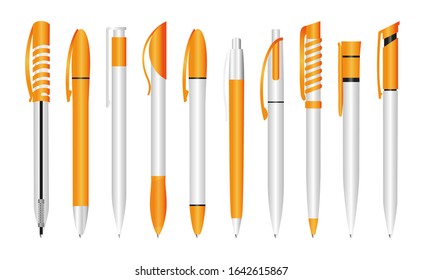 Realistic 3d vector plastic pens. Orange pen for applying corporate identity and stationery. Design template, stationery pen mockup.