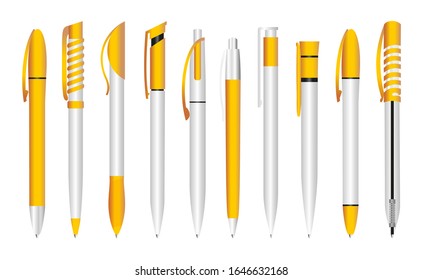 Realistic 3d vector plastic pens. Yellow pen for applying corporate identity and stationery. Design template, stationery pen mockup.