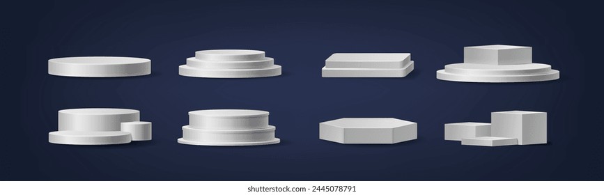Realistic 3d Vector Podium, Stage And Platform Collection. Geometric Scene, Pedestal, Catwalk for Showcasing Cosmetic