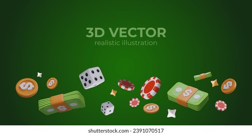 Realistic 3d vector poster with flying gold coins, banknotes, chips for online casino and game cubes in realistic style. Vector illustration with place for text