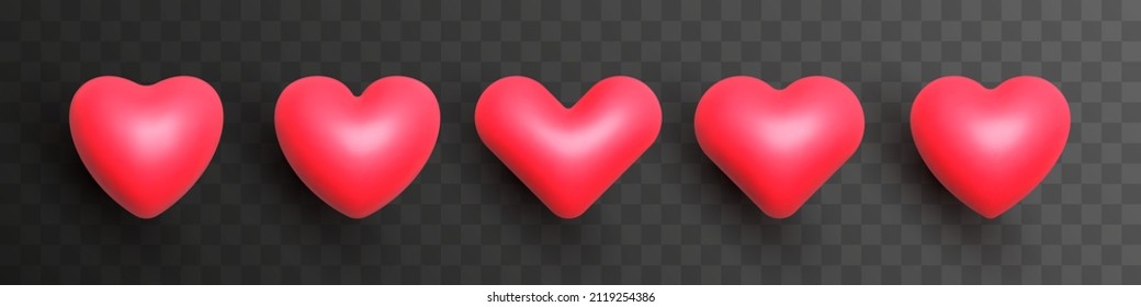 Realistic 3D Vector Red Heart Various Three Dimensional Shiny Rounded Hearts Collection Isolated On Transparent Background. Assorted Different Form Hearts Love And Health Symbol Design Elements Set