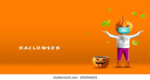 Realistic 3d vector of scarecrow with pumpkin head wearing face mask protecting from coronavirus or COVID-19 and bowl pumpkin for trick or treat