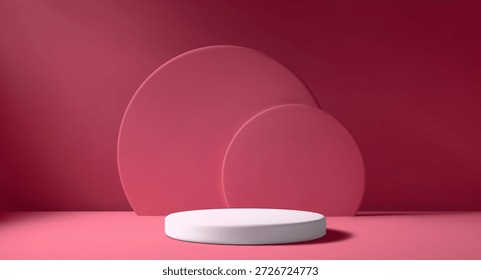 Cena vetorial 3D realista com luz natural em quarto rosa. Suporte de pódio branco para exibição de produto e item de exibição. Espaço minimalista.